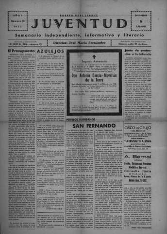 'Juventud semanario independiente, informativo y literario' - Año I Número 12 - 1930 diciembre 6