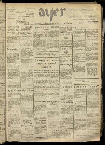 'Ayer : diario informativo de la mañana' - Año II Número 170 - 1937 enero 23